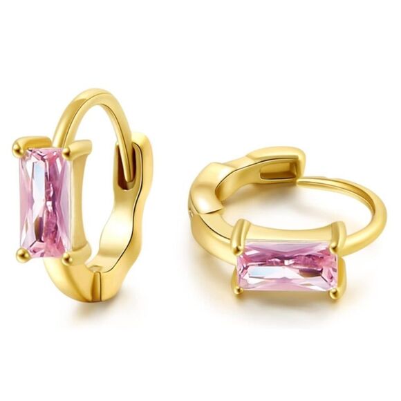14K Yellow Gold with Pink Sapphire Cubic Zirconia Baguette Cut Huggie Earrings - Picture 1 of 7